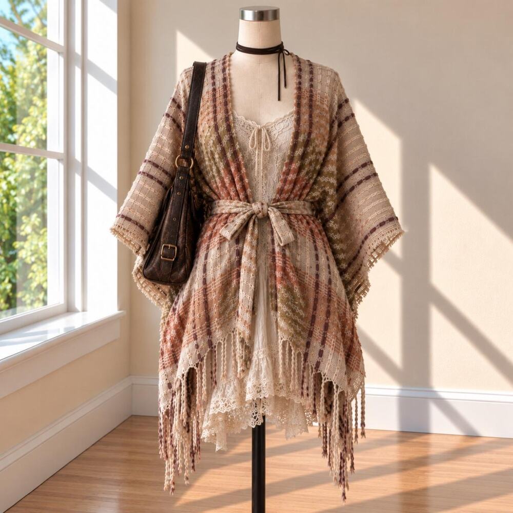 Vince Camuto Plaid Fringe Tie Waist Poncho Kimono Boho Western Fairy Grunge